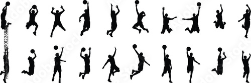 Dynamic basketball player silhouettes in various mid-air actions including jumping shooting and dunking