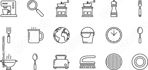 Set of kitchen and household in minimalist outline style kitchen household outline minimalist coffee maker