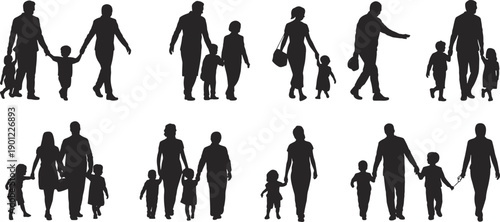 Dynamic collection of family silhouettes in motion walking and interacting against a stark white backdrop