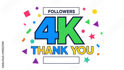 4K Followers Thank You Typography Illustration with Confetti and Stars, Social Media Celebration Mockup