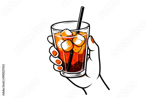 Hand holding iced coffee with straw and ice cubes