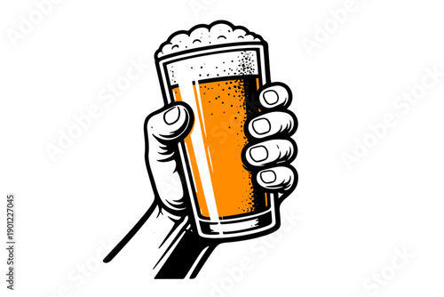 Hand holding a foamy beer glass in artistic line drawing