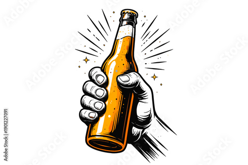Hand holding beer bottle illustrating beverage concept with bold lines and sparkling details