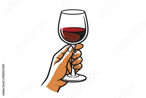 Illustration of hand holding red wine glass on white background