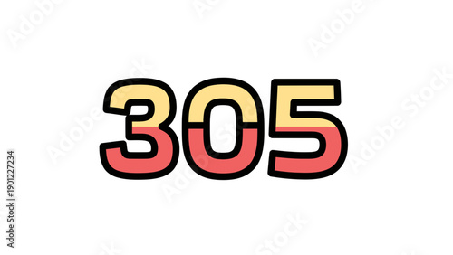 305 Number Typography Illustration, Bold Red and Yellow Design, Graphic Element for Counting and Data Visualization
