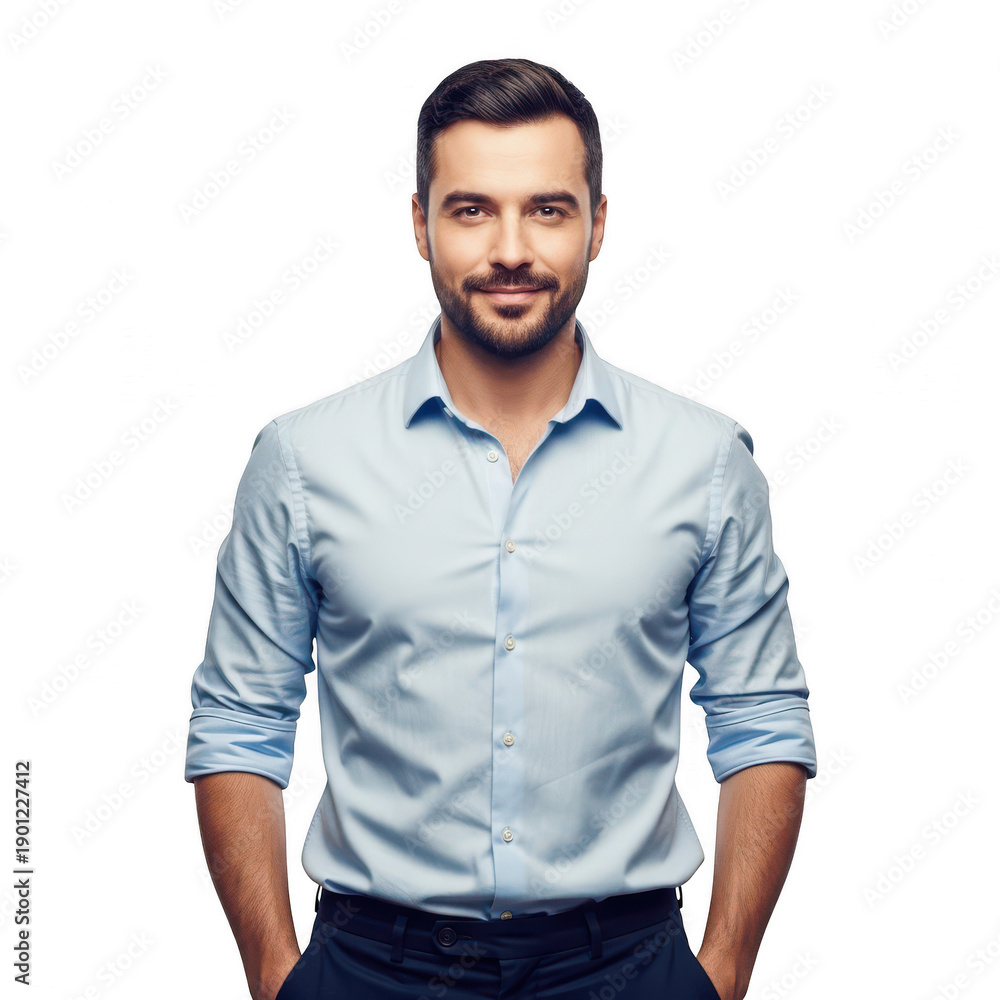 Fototapeta premium A man with a beard and mustache wearing a light blue shirt and dark pants. isolated on transparent background
