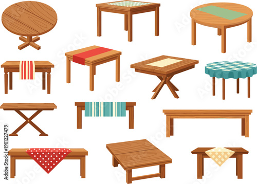Wooden Table Furniture Set with Tablecloth Variations and Folding Designs for Interior, Game, and App Illustrations