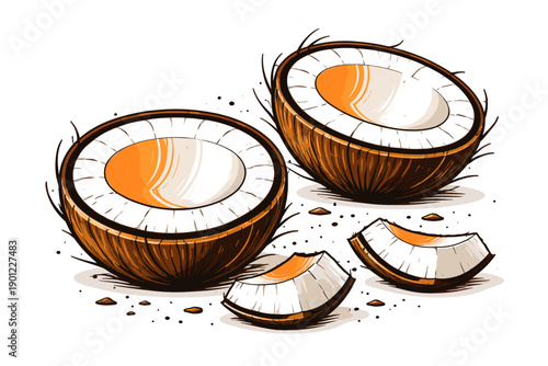 Illustrated halved coconuts with slices and brown shell on white background