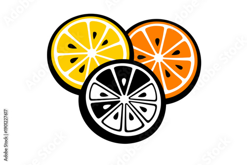 Colorful citrus slices: yellow lemon, orange, black lime vector illustration