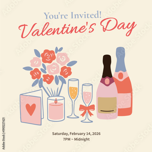 Valentine's Day Invitation card with champagne