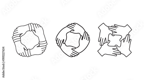 A set of four circle of interlocked hands line art symbol of unity and collaboration vector illustration