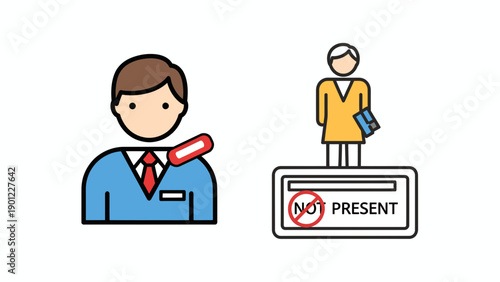 Absent Employee Icon with 'Not Present' Sign and Manager Icon, Business Absence Concept, Flat Vector Illustration