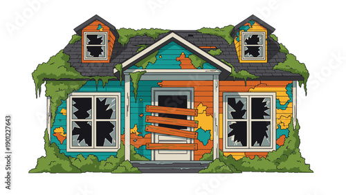 Abandoned House Vector Illustration, Dilapidated Building with Broken Windows and Overgrown Vegetation, Concept of Neglect and Decay, Graphic Design Element