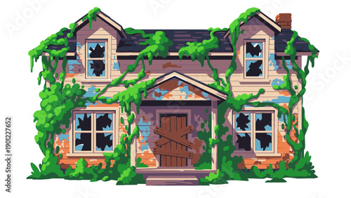 Abandoned House Illustration Vector Style Graphic Overgrown with Vines and Broken Windows for Spooky or Horror Themed Designs