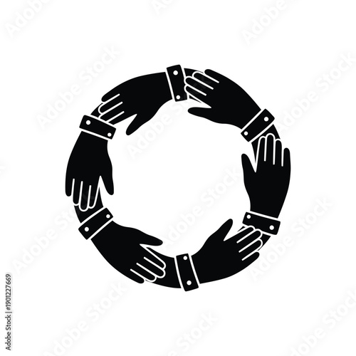 Circle of interlocked hands silhouette vector symbolizing unity, teamwork, and collaboration