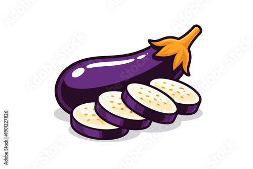 Illustration of whole and sliced eggplant on white background