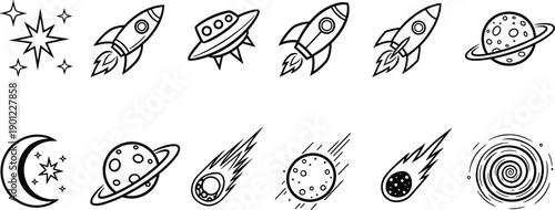 Set of space-themed including rockets, planets, and stars moon