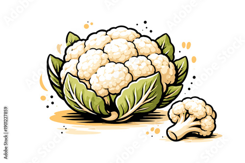Colorful cartoon cauliflower illustration with green leaves and florets