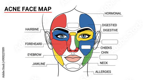 Acne Face Map Illustration: Diagram of Facial Breakouts Linked to Hormonal, Digestive, and Allergy Causes with Copy Space