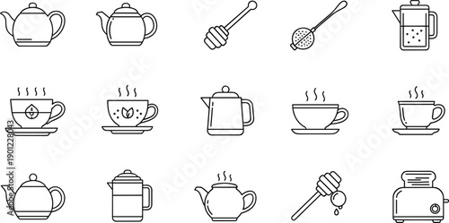 Set of tea kettles, cups, and honey dipper in minimalist outline style teapot coffee pot tea cup
