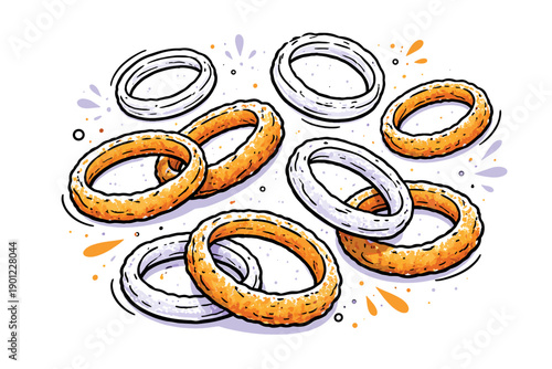 Crunchy onion rings and calamari illustration with doodles