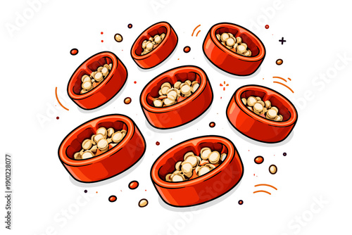 Cartoon red pet food bowls filled with kibble on white background