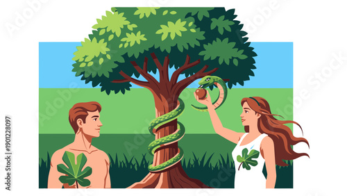 Adam and Eve Temptation Vector Illustration: Forbidden Fruit, Serpent, Tree of Knowledge, Genesis Story, Religious Concept, Biblical Scene, Spiritual Journey, Temptation and Sin, Divine Plan.
