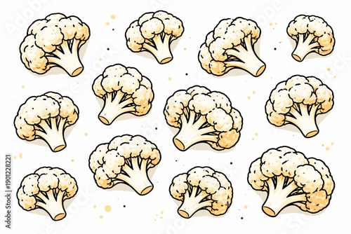 Pattern of cartoon cauliflower illustrations on white background