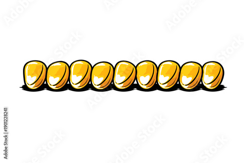 Row of nine cartoon corn kernels with reflections on white background