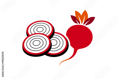 Graphic illustration of red beet and beetroot slices with leaves