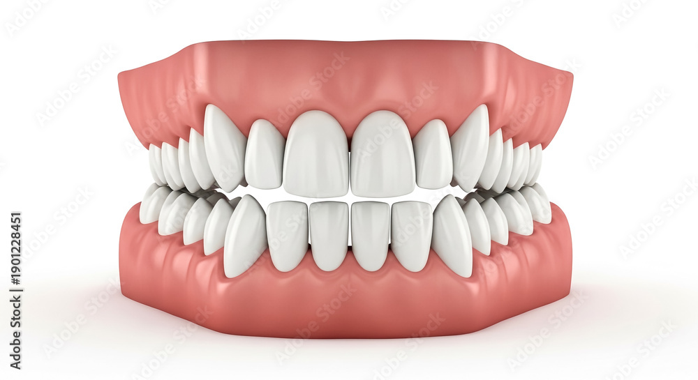 Obraz premium Detailed three dimensional rendering of perfect white human teeth set in pink gums showcasing a healthy and bright dental structure isolated against a clean white background for medical concepts.