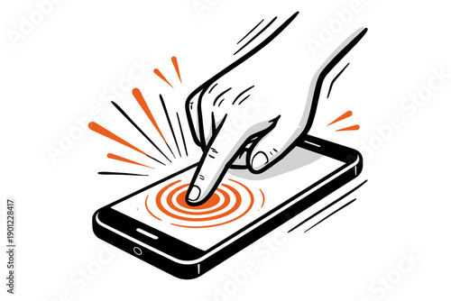 Hand interacting with smartphone touchscreen - stylized illustration