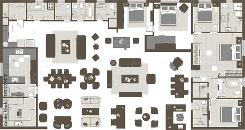 A blurry floor plan image with various furniture isolated on transparent background