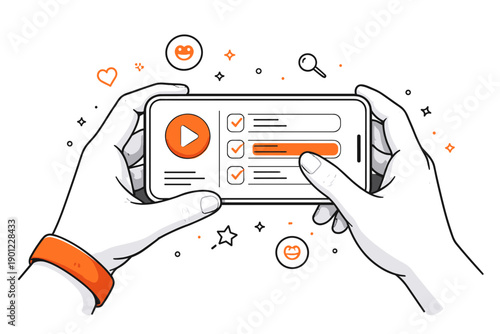 Hands holding smartphone with play button icons and social media elements
