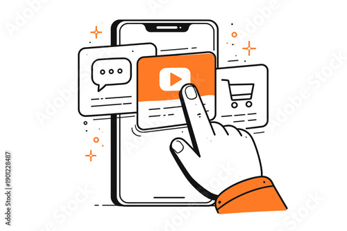 Mobile media interaction: play icon, chat, and shopping on smartphone screen