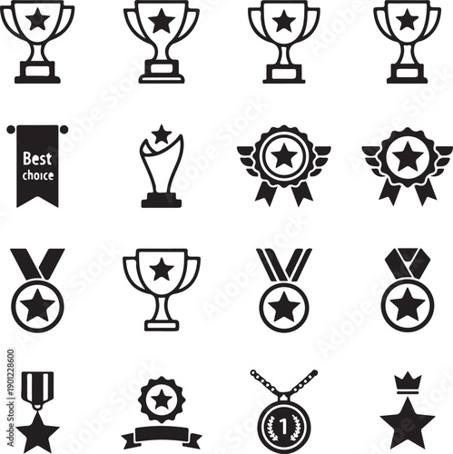  Complete medal and trophy vector icon set, gold cup shapes, award ribbons, ranking medals, best choice badges, star awards, simple flat black icons.