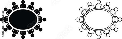Round table meeting icons representing teamwork collaboration discussion business conference leadership vector illustration outline solid design