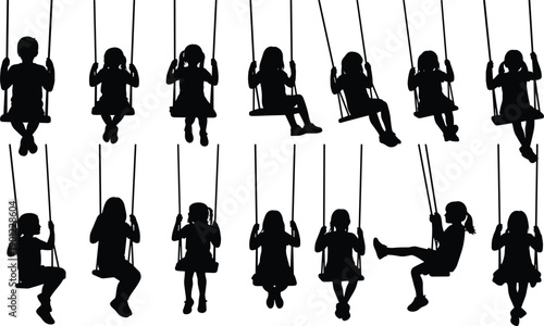 Silhouette of children swinging on playground swings in various positions kids