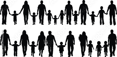 Silhouette of diverse families holding hands in a row family people