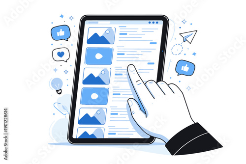 Male hand interacting with tablet displaying social media interface