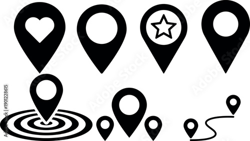 Map location pin icon set with heart and star markers