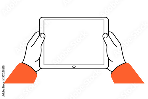 Illustration of hands holding a tablet with bright orange sleeves on a white background