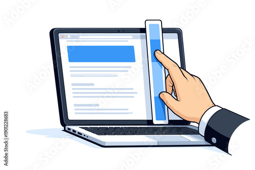 Male hand interacting with laptop scroll bar for web navigation and digital interface