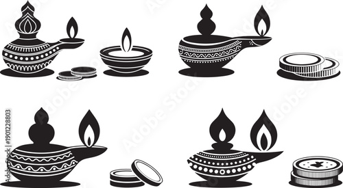 Diya Oil Lamp Festival Silhouette Icons