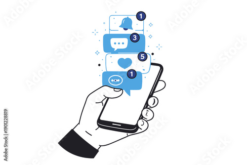 Smartphone held by hand receiving multiple social media notifications
