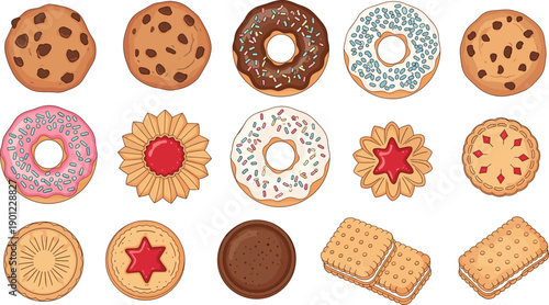 Cookies and Donuts Collection with Sprinkles and Chocolate Chip Flat Illustration