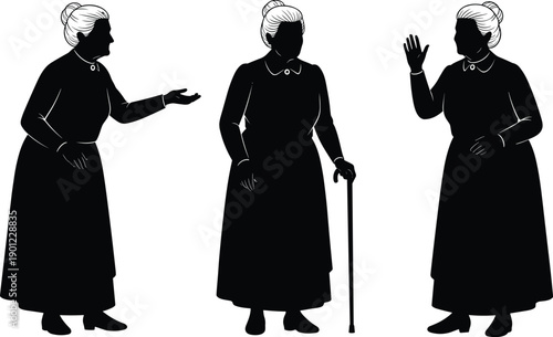 Three elderly women in long black dresses with white hair and necklaces long skirts