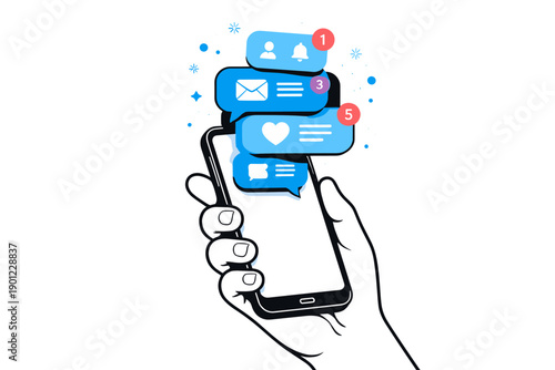 Hand holding smartphone with social media notifications and messages