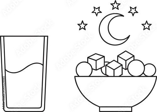 Ramadan fasting symbols outline illustration with glass of water dates bowl crescent moon and stars Islamic vector