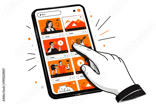 Hand interacting with smartphone video app interface featuring diverse content